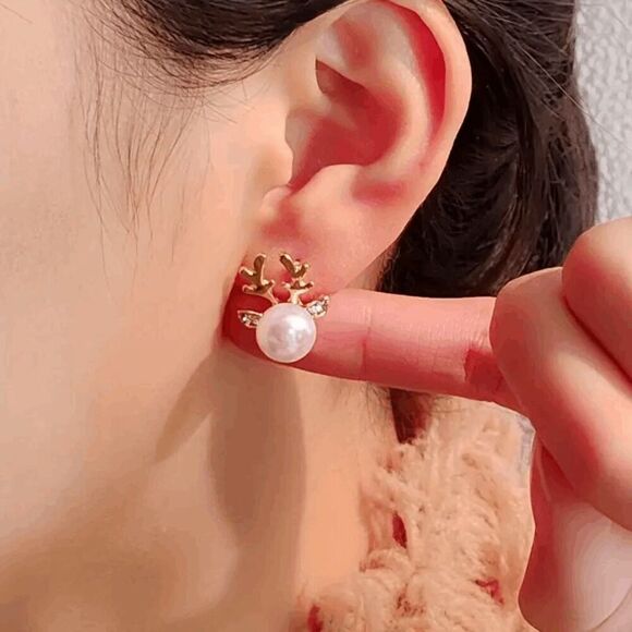 Reindeer Pearl Diamond Gold Plated Stud Earrings - Picture 2 of 7